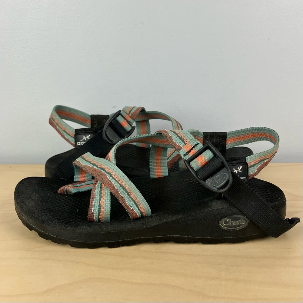 Chaco Women's Strappy Sandals in Black with Teal and Coral Straps - Picture 3 of 11